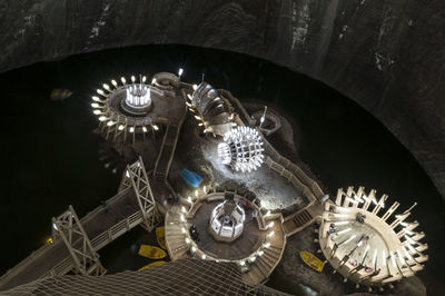 High angle view of illuminated clock on building