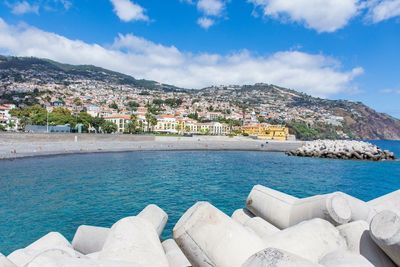 Scenic view of sea against blue sky