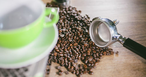 High angle view of coffee beans on table