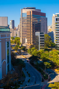 High angle view of street amidst buildings in city