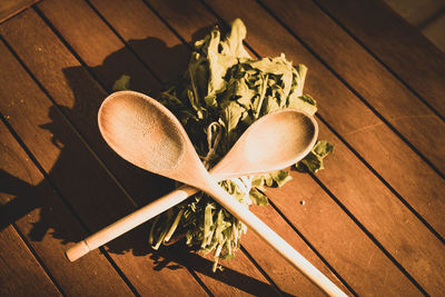 High angle view of leaves on table