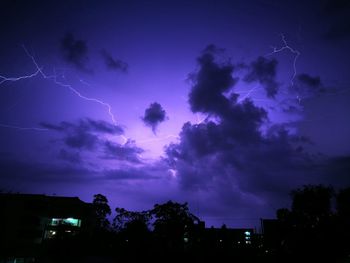 Low angle view of silhouette trees against sky at night
