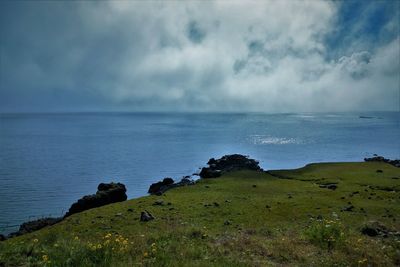 Scenic view of calm sea against cloudy sky