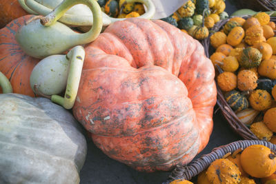 High angle view of pumpkins for sale at market