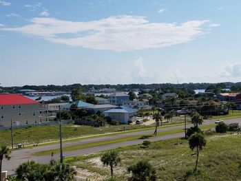 High angle view of houses on field against sky