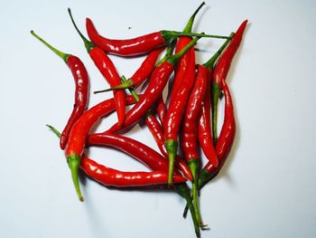 Close-up of red chili peppers against white background