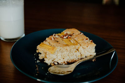 High angle view of dessert in plate on table