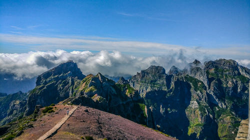 Panoramic view of mountains against blue sky