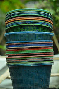 Close-up of multi colored stack on metal