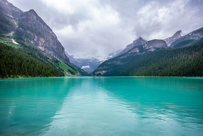 Scenic view of lake and mountains against sky