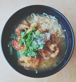 High angle view of soup in bowl on table