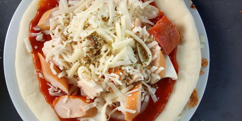 High angle view of food in plate on table