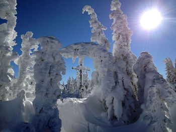 Low angle view of snowcapped mountains against clear blue sky snow covered trees in schladming  