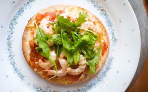 High angle view of food in plate on table
