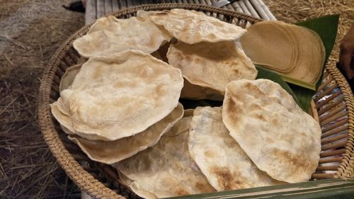 High angle view of bread in basket on table