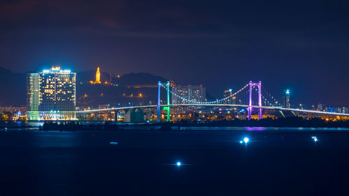 Illuminated bridge over river at night