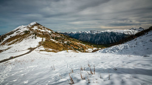 Scenic view of snowcapped mountains against sky