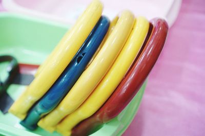 High angle view of multi colored candies on table