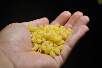 Close-up of hand holding yellow flower over black background