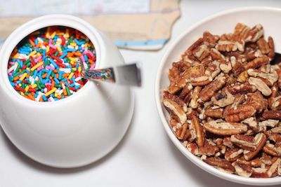 High angle view of breakfast served on table