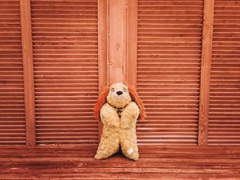 Close-up of abandoned toy on brick wall