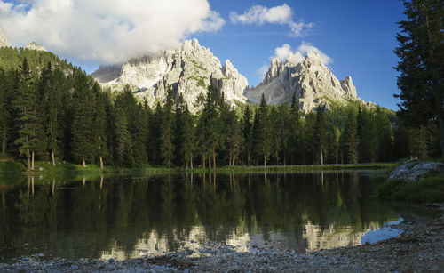 Scenic view of trees against mountains reflection in lake