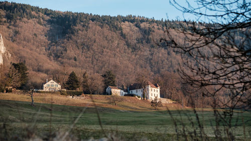 Scenic view of trees and houses on field against sky