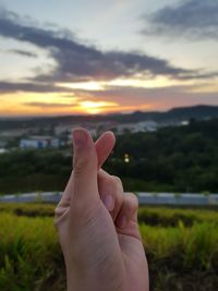 Cropped hand against sky during sunset