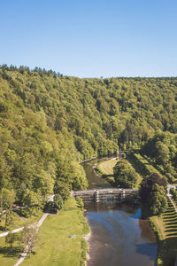 Scenic view of river amidst trees against clear sky