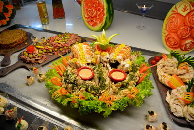 High angle view of food served on table