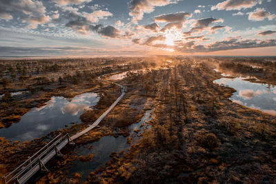 Aerial view of wetland against sky during sunset
