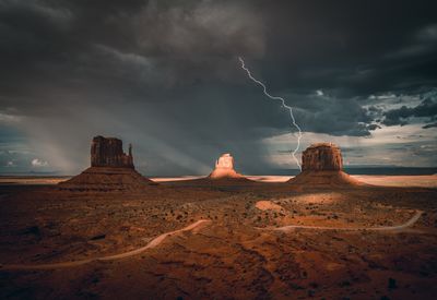 Scenic view of desert against cloudy sky during sunset