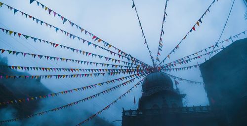 Prayer flags attached to the dome of a temple