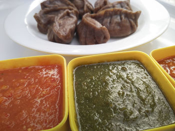 High angle view of food in plate on table