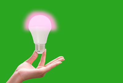 Digital composite image of hand holding light bulb against green background