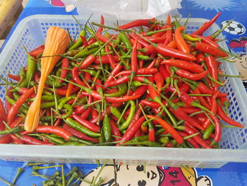 High angle view of red chili peppers in market