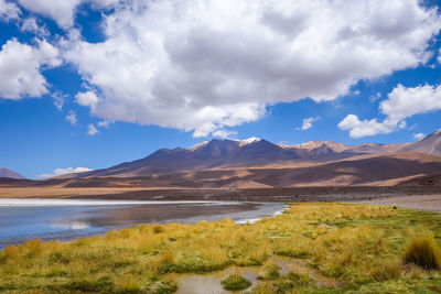 Scenic view of lake and mountains against sky