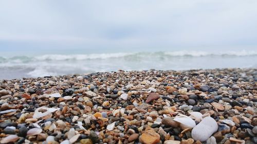 Close-up of pebbles on beach against sky