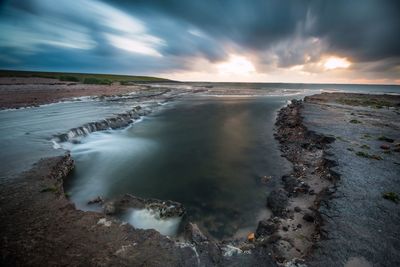 Scenic view of beach against sky during sunset