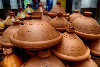 Close-up of earthen containers for sale