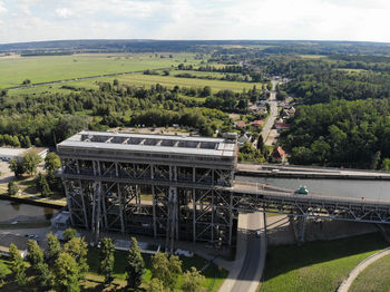 High angle view of railroad tracks against sky