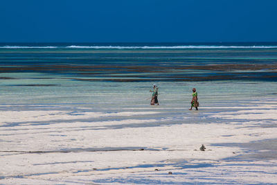 Women walking at beach against clear sky