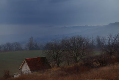 Bare trees and houses on field against sky