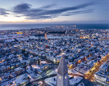 Majestic drone view of reykjavik city center in twilight