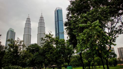 Low angle view of trees and buildings against sky