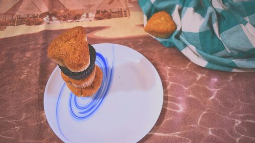 High angle view of dessert in plate on table