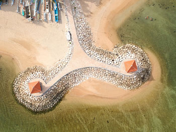 Aerial view of groynes at beach