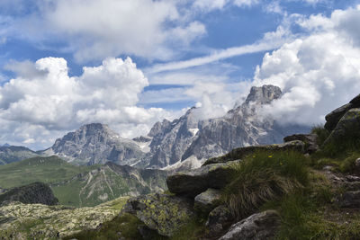 Scenic view of mountains against cloudy sky