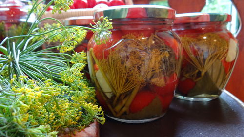 Close-up of vegetables in jar on table