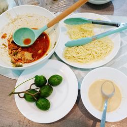 High angle view of meal served on table